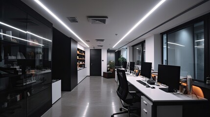 Modern office interior, with sleek furniture and high - tech equipment. The lighting is bright and white. generative ai