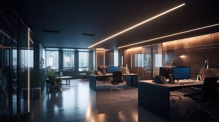 Plakat Modern office interior, with sleek furniture and high - tech equipment. The lighting is bright and white. generative ai