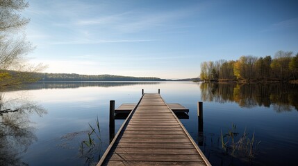 Serene lakeside retreat, with a wooden dock and a clear blue sky. The atmosphere is tranquil and peaceful. generative ai