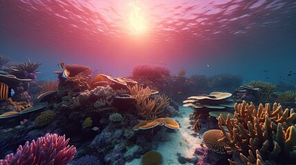 Underwater seascape at dusk, with a pink and purple sky and schools of tropical fish. The atmosphere is magical and serene. generative ai