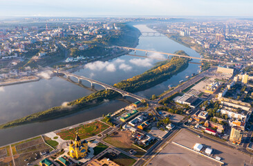 Aerial view of cathedral of St. Alexander Nevsky early morning. Nizhny Novgorod. Russia