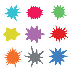 Set of colorful bursting speech bubbles in flat design, cute sticker for chat symbol, comic, tag, label or dialog word