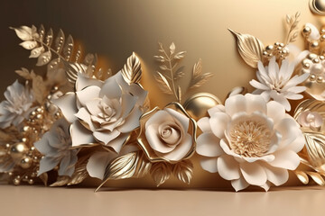 mural illustration background with golden jewelry and flowers, decorative wallpaper. AI generative