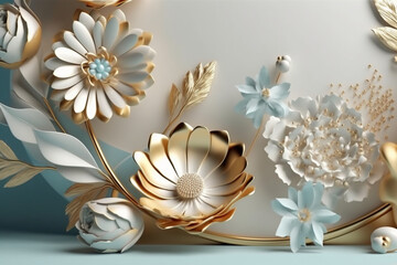 mural illustration background with golden jewelry and flowers, decorative wallpaper. AI generative