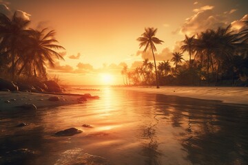 Obraz na płótnie Canvas A tropical beach is observing the lowering of the sun. Generative AI