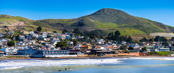 Panoramic view of the beach, town, ocean and hills