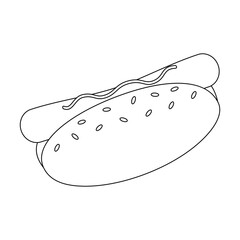 Outline drawing of Hot dog with sesame bun, sausage and mustard . Fast food. Unhealthy. Color book