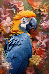 Obraz premium Illustration of Blue and Orange Macaw Parrot in Beautiful Colorful Flowers. generative ai