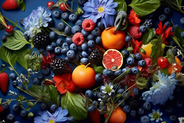 Colorful and Bright Illustration of Many Flowers and Berries. generative ai
