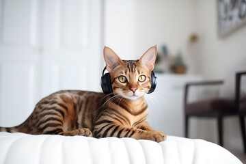 Cute cat in headphones relaxing on a couch Generative AI
