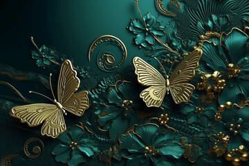 abstract floral background with green flowers and golden butterfly. AI generative