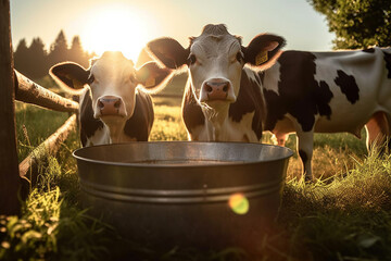 two cows on pasture with milk bucket milk bucket, grass meadow nature. Generative AI - obrazy, fototapety, plakaty