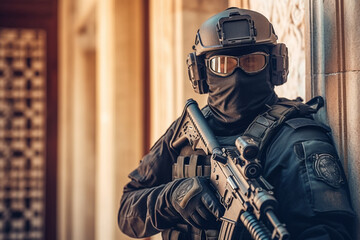 Naklejka premium Soldiers or Police special operations fighters dark uniform, helmet with ballistic goggles, armed assault rifle breaking in, drama lights dramatic fictional scene. Generative AI