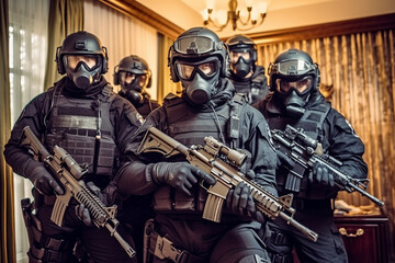 Police team group special operations fighters dark uniform, helmet with ballistic goggles, armed assault rifle breaking in, drama lights dramatic fictional scene. Generative AI