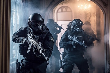 Police team group special operations fighters dark uniform, helmet with ballistic goggles, armed assault rifle breaking in, drama lights dramatic fictional scene. Generative AI - obrazy, fototapety, plakaty