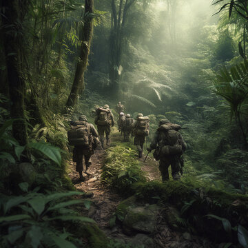 Guerilla Warfare, World War, Vietnam War, D-day. Soldiers In The Forest, Walking.