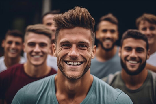 young adult men or teenagers, attractive handsome male with muscular body, smiling happy and satisfied. Generative AI
