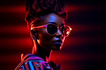 young adult african american woman with sunglasses and creative lights. Generative AI
