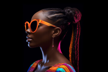 Naklejka premium young adult african american woman with sunglasses and creative lights. Generative AI