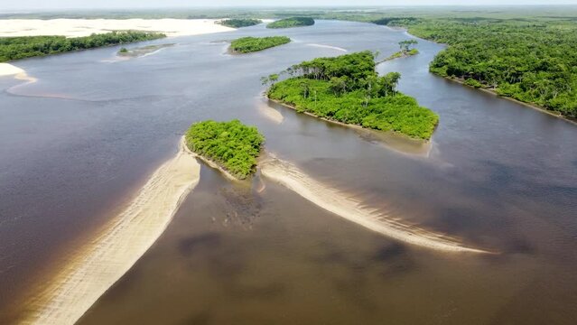 Mandacaru Village At Lencois Maranhenses Maranhao Brazil. Seascape Sunny Day. Nature Clouds Green Canyon. Nature Drone View Green Waterfall Panorama. Nature Canyon Valley Cascade.