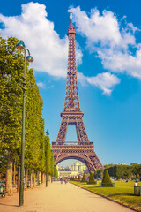 Eiffel Tower over blue sky in Paris, France