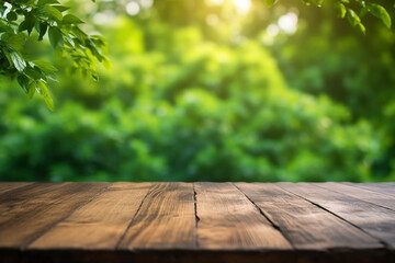 empty wooden table against green background nature or garden. Generative AI