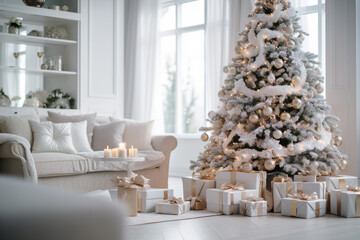 large living room with decorated christmas tree and christmas gifts, white style, festive luxurious. Generative AI
