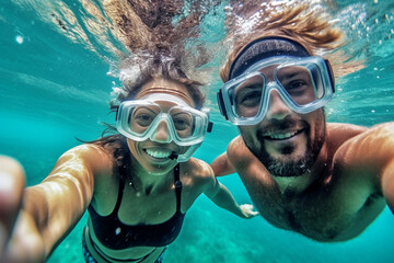 Naklejka premium Swim and dive in the sea, take selfie photo, vacation, fun and joy in the clear clean water. Generative AI