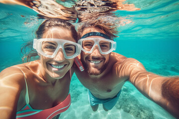 Obraz na płótnie Canvas Swim and dive in the sea, take selfie photo, vacation, fun and joy in the clear clean water. Generative AI