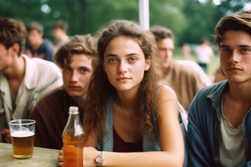 young adult woman or teenage girl outside with friends or acquaintances on a beer bench in a beer garden or park, outside with friends in summery temperatures. Generative AI