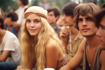 young adult woman or teenage girl outside with friends or acquaintances in a garden or park, outside with friends in summery temperatures. Generative AI