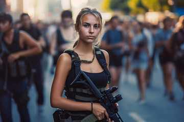 armed young adult people or adolescent girls and boys, on the street in a city, protesting and demonstrating violently or rioting and looting. Generative AI
