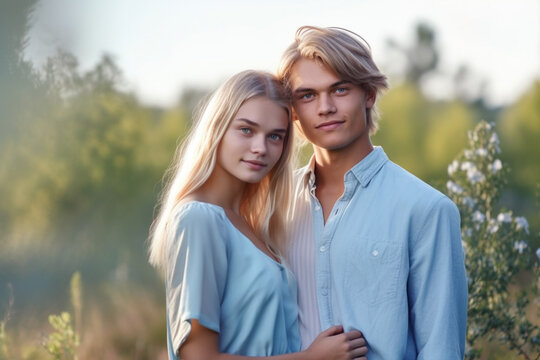 blonde girl young adult woman or teenager wears light blue dress and a young teenage boy or young adult man in a blue summer shirt outdoor. Generative AI