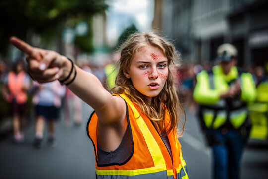 young teenager, girl is outraged and angry and aggressive, protester is demonstrating, wearing safety vest. Generative AI