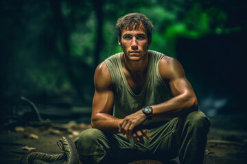 adult young man survivor jungle adventure survivor with dirty face and dirty shirt slightly torn, in the background trees, a snake. Generative AI