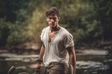 adult young man survivor jungle adventure survivor with dirty face and dirty shirt slightly torn, in the background trees, a snake. Generative AI