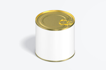 Blank tincan gold metal Tin Can with key, canned Food. Isolated on white background. Mockup. , 3D illustration, 3D rendering.