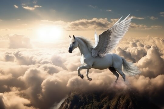 Fairy pegasus in the mountains above the clouds, selective focus. AI generated, human enhanced