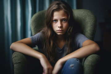 Obraz premium sad or depressed young girl, teenager girl looks tired or annoyed. Generative AI