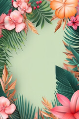 Fototapeta na wymiar For advertisement, frame of exotic flowers and palms, IA generativa