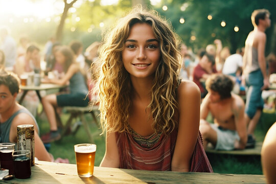 young adult woman with blonde long hair outside in a park or beer garden or restaurant or outdoor pool in summer with a hippie summer dress and a relaxed facial expression. Generative AI