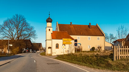 Fototapeta na wymiar Chapel on a sunny winter day at Mariakirchen, Arnstorf, Rottal-Inn, Bavaria, Germany