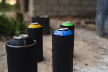 Close up of spray cans for drawing graffiti 