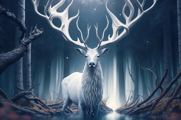 White deer in the forest, fantasy illustration AI