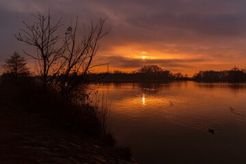 Sunset with reflections near Plattling, Isar, Bavaria, Germany