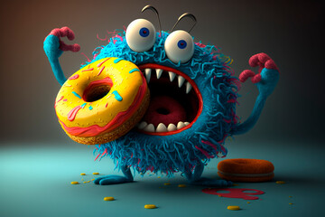 Delight of delicious food. Generative AI. Funny monster glutton eats donut with yellow glaze. National Donut Day or Fat Thursday. Image for children's book, pizzeria, notebook, signboard - obrazy, fototapety, plakaty