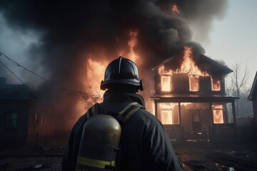 Firefighter in front of a burning house - generative ai