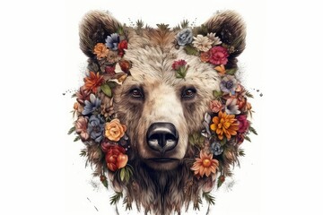 Bear Animal Portrait with Flowers