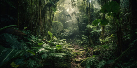 Dense mysterious jungle, rainforest in the sun, tropics full of greenery. Created using Generative AI technology. - obrazy, fototapety, plakaty