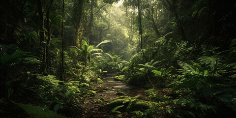 Tropical jungle, full of green, a shaft of sunlight falls on a small river. Created using Generative AI technology.